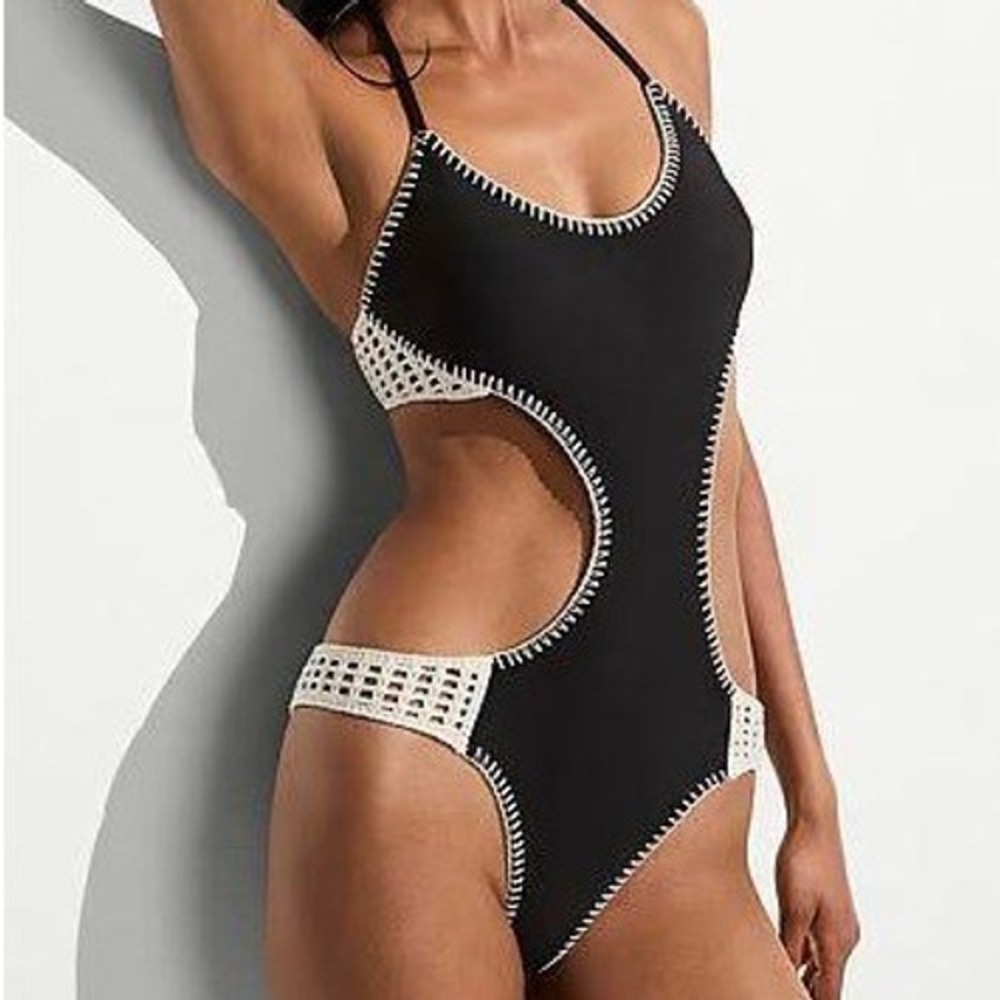 Victoria's Secret One Piece Swimsuit Black Crochet Cut Out Size L NWT Monokini S